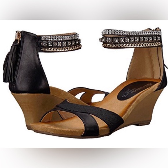 Patrizia Shoes - Patrizia Rho Black Rhinestone Wedge Sandals Size 37/6.5-7